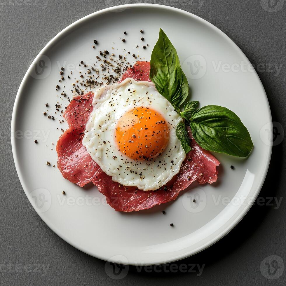 Fried egg with beef carpaccio and basil on a white plate photo