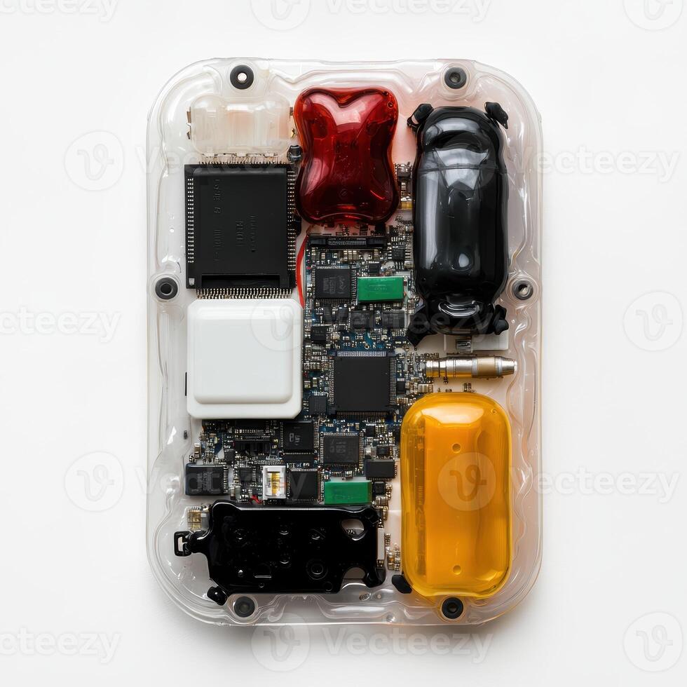 Transparent casing reveals the inner workings of a complex electronic device photo