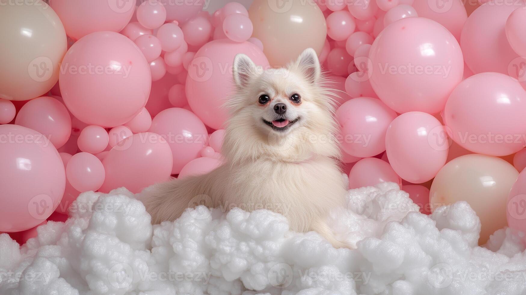 Adorable Pomeranian puppy sitting in a pile of white fluffy clouds surrounded by pink balloons photo