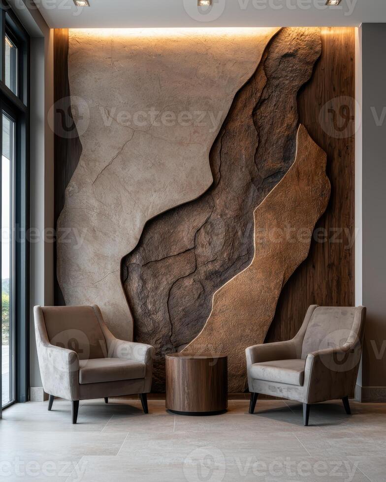 Modern minimalist living room interior with stone feature wall and comfortable armchairs photo
