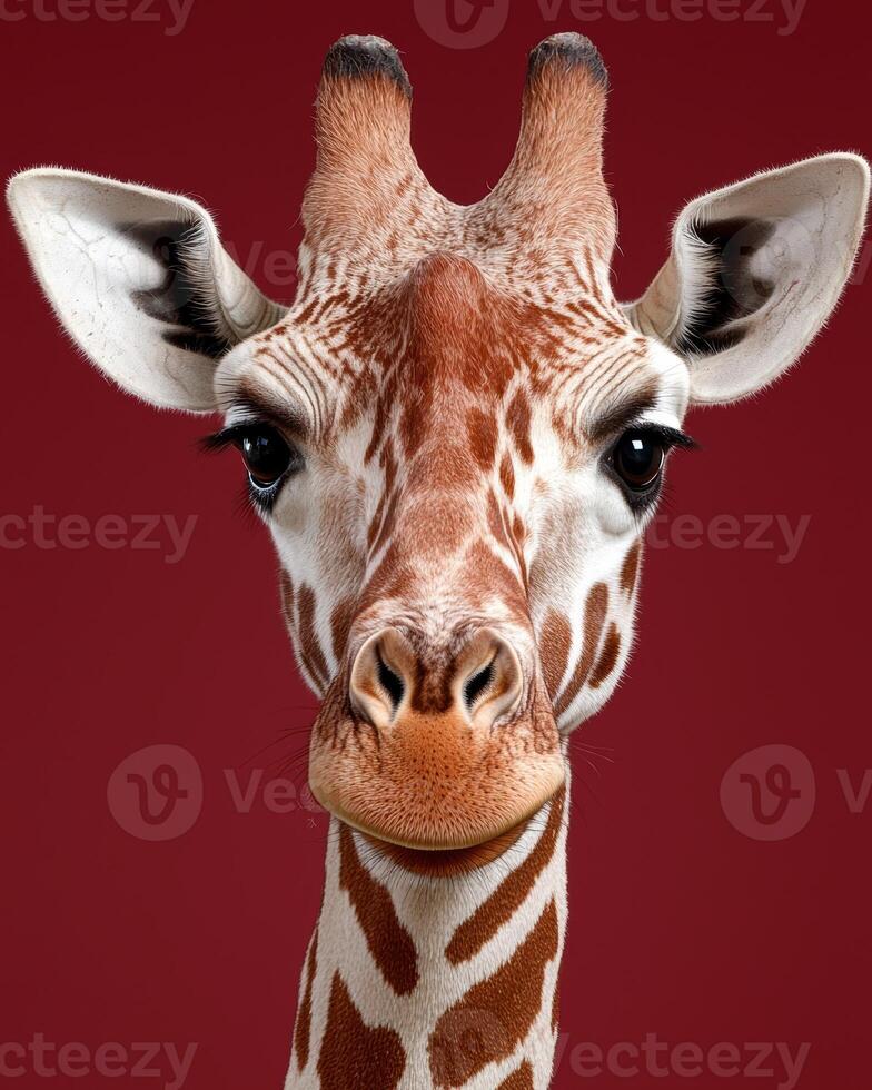 Close up portrait of a giraffes face against a red background photo