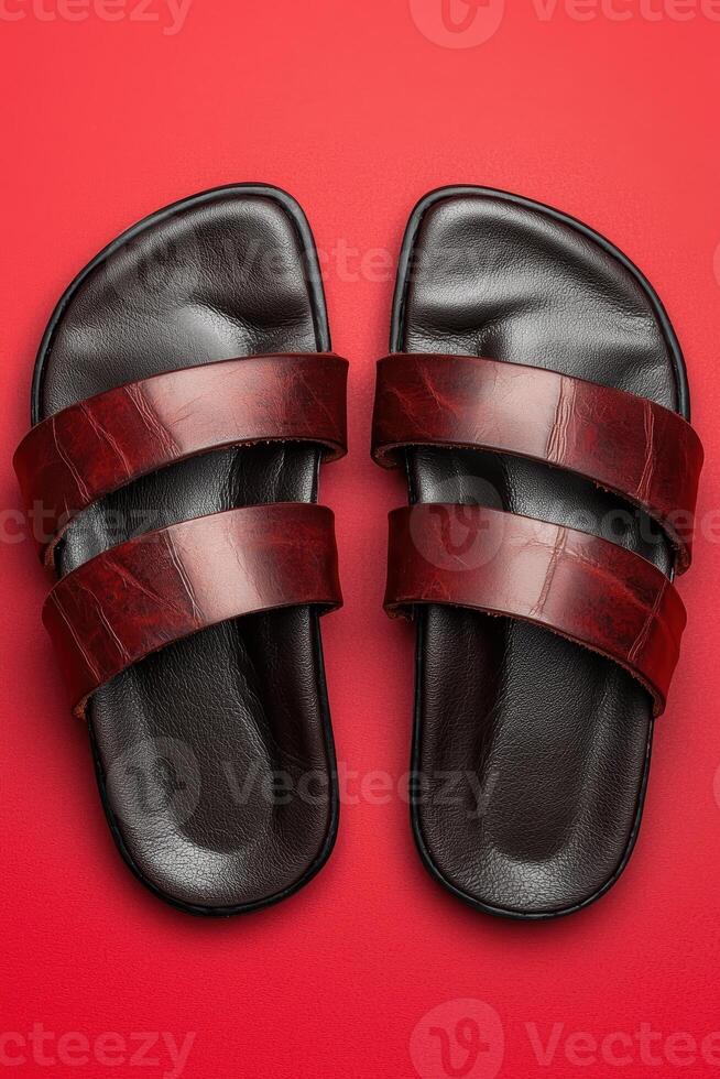 Mens brown leather sandals on red background photo