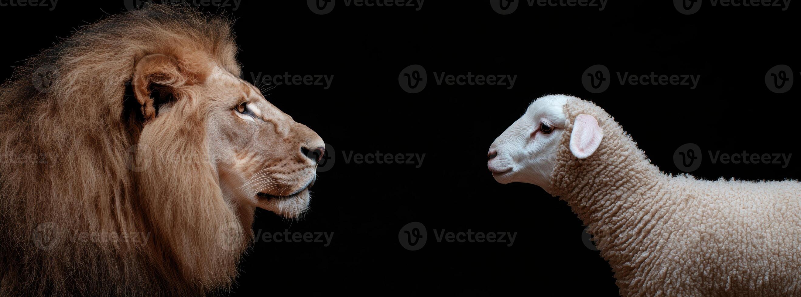 Lion and lamb facing each other on a black background photo