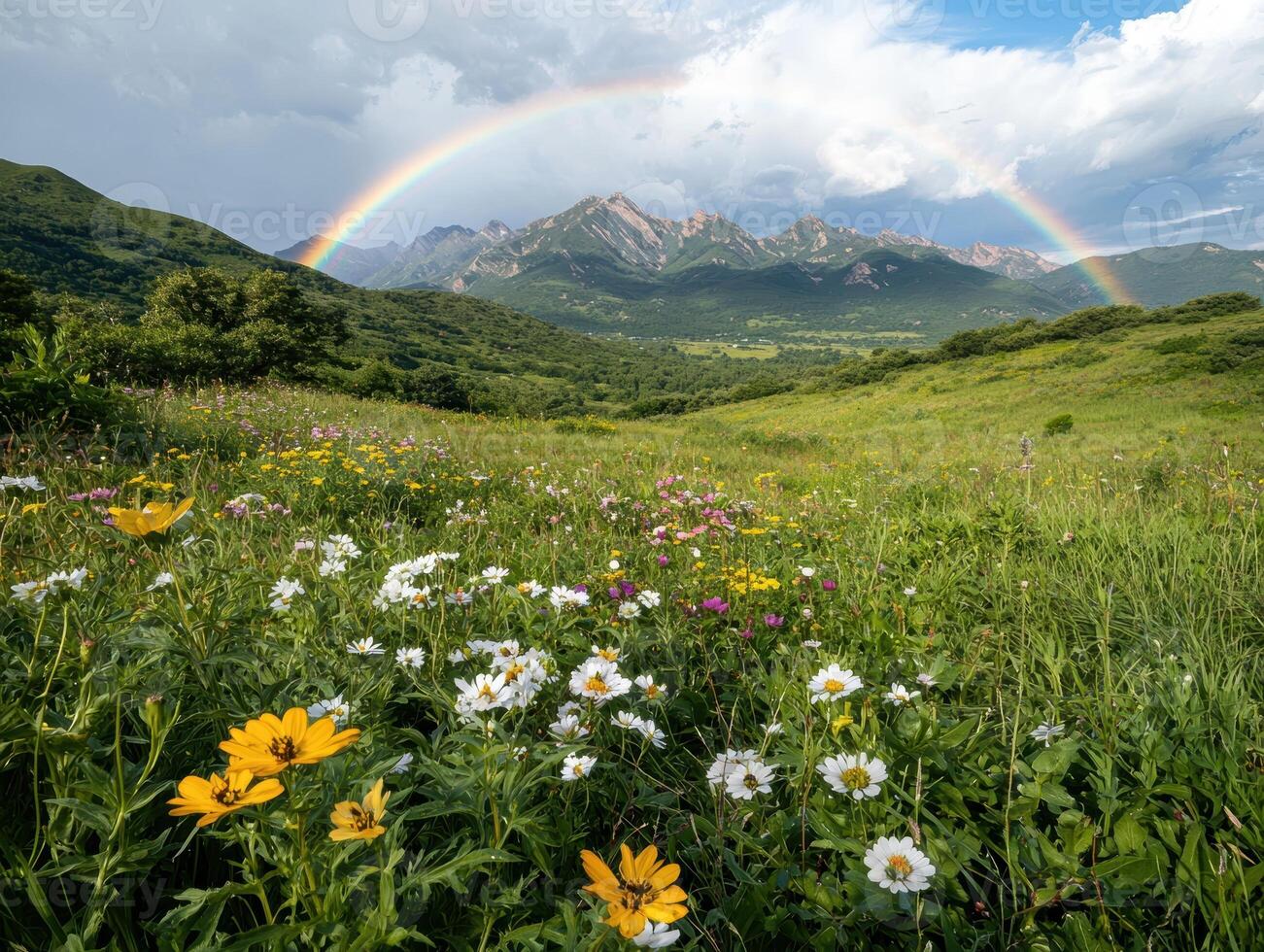 Rainbow over mountain meadow wildflowers photo