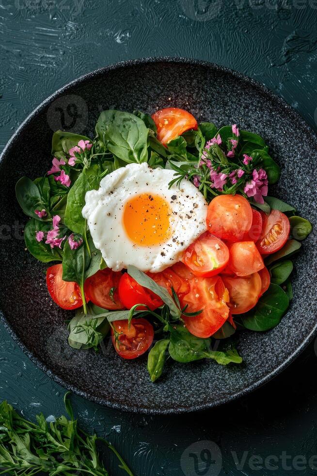 Healthy breakfast salad with poached egg and cherry tomatoes photo