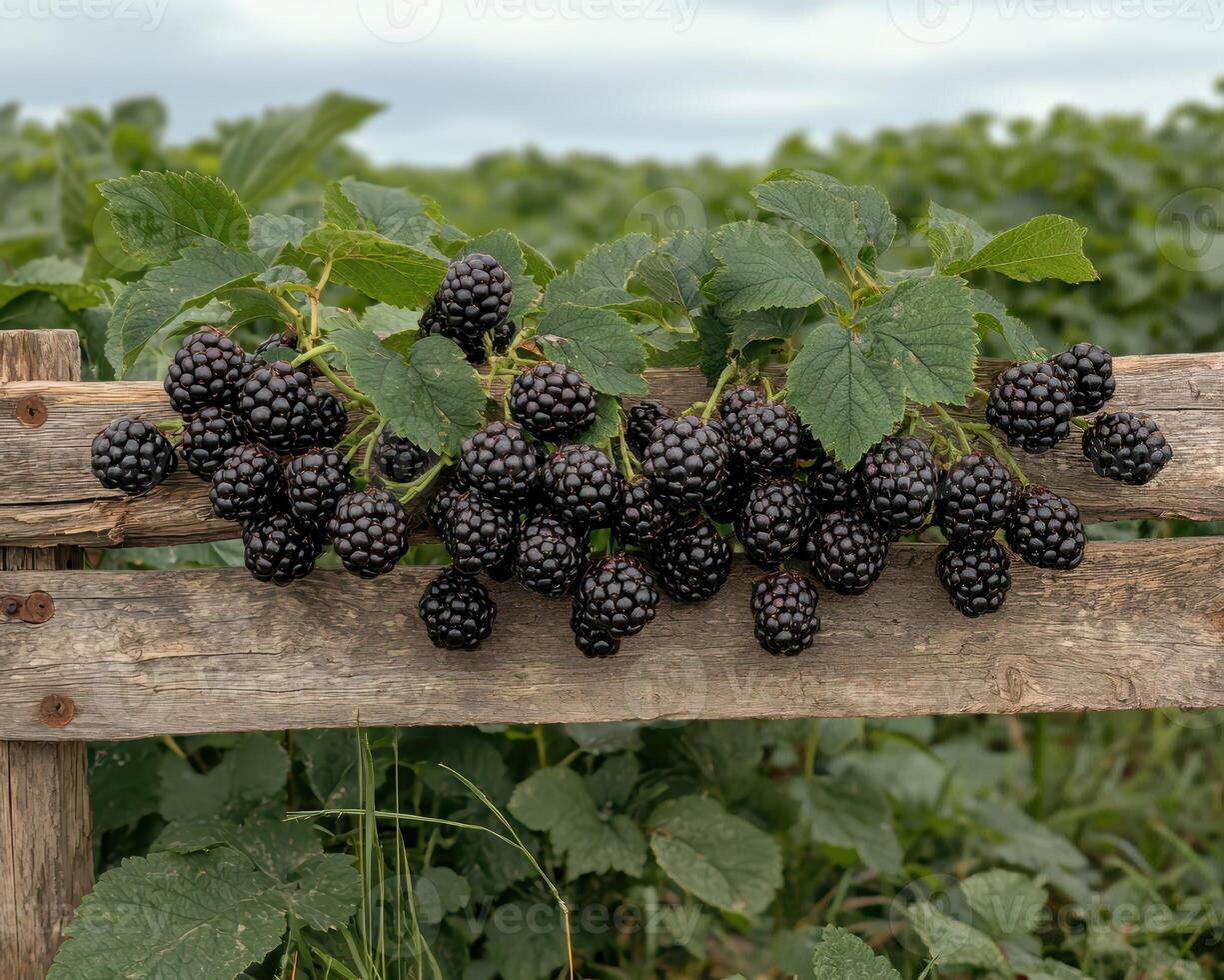 Freshly picked blackberries on a rustic wooden fence photo