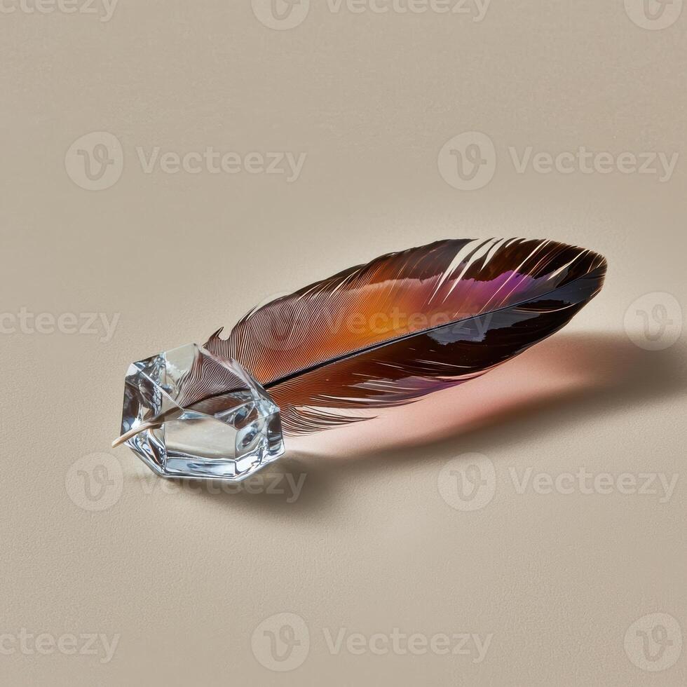 Close up of a vibrant bird feather with a glass inkwell photo