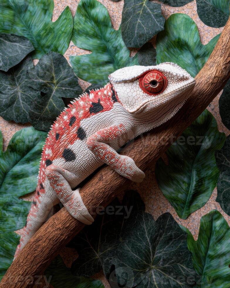 Close up of a red and white chameleon on a branch photo