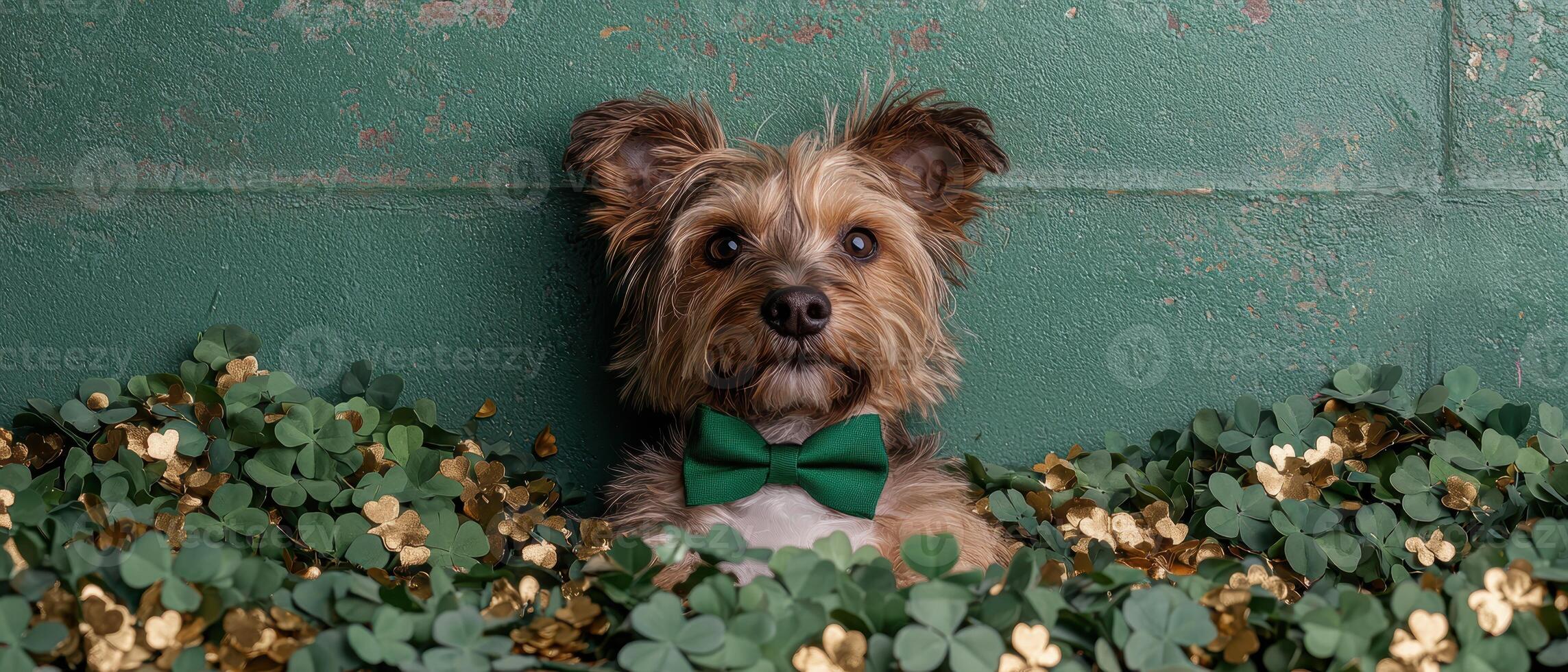 Adorable Yorkshire Terrier puppy wearing a green bow tie surrounded by shamrocks photo