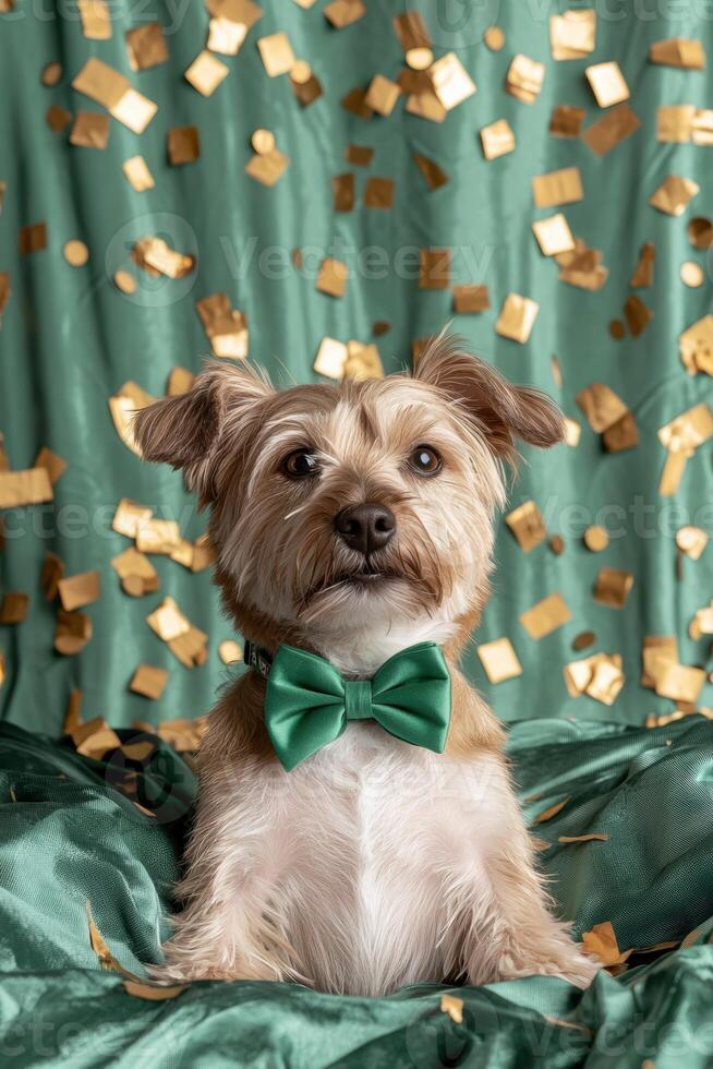 Adorable dog in a green bow tie posing for a holiday photo
