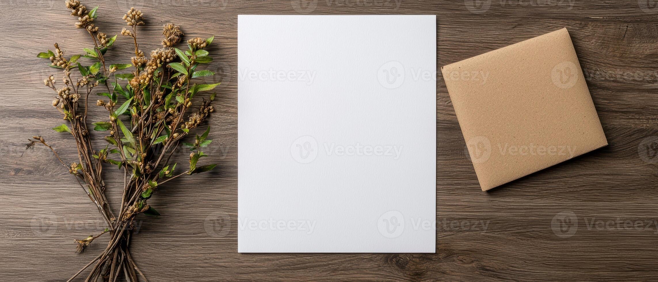 Blank white paper and brown envelope mockup on wooden background with dried flowers photo