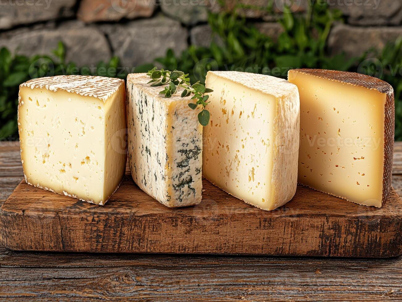 Four different types of cheese on a wooden board photo