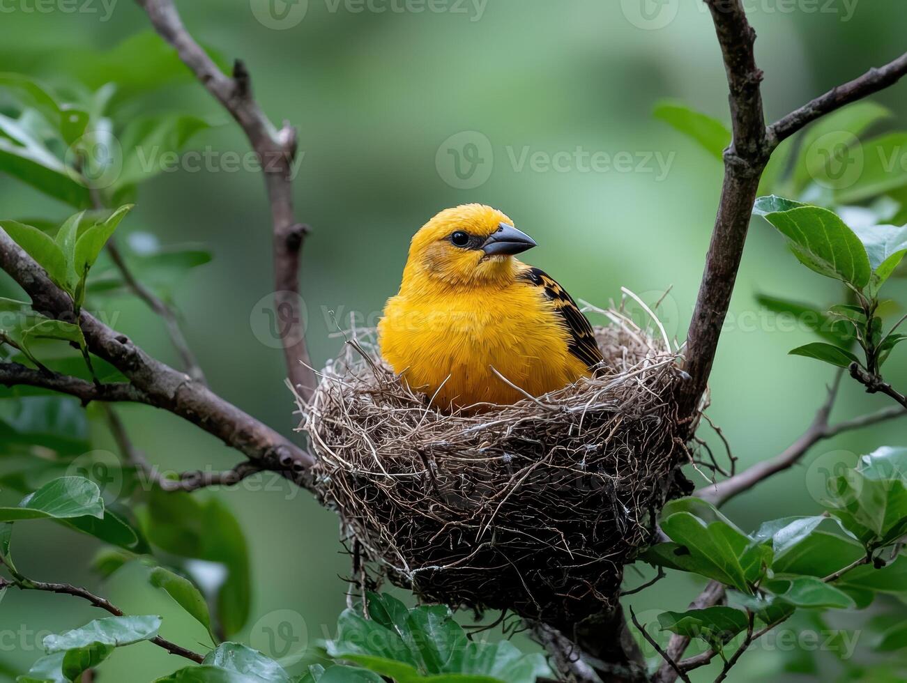 Yellow bird in nest on tree branch photo