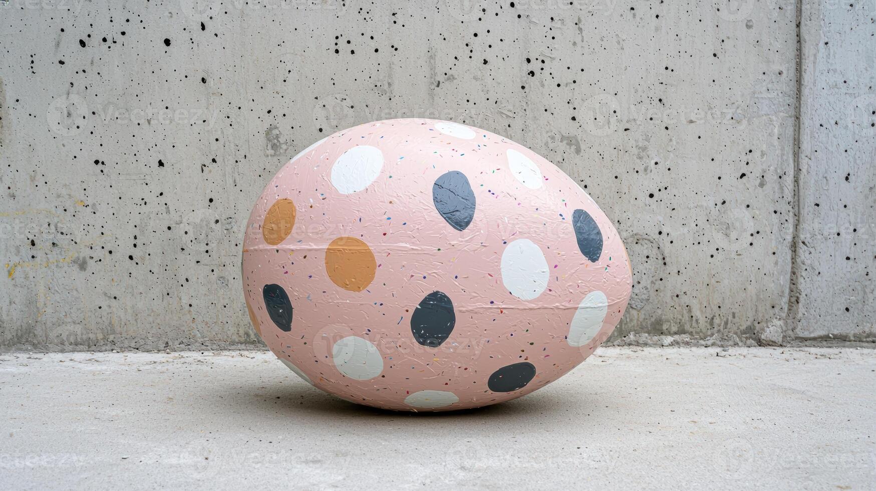 Large pink egg with colorful polka dots against a concrete wall photo