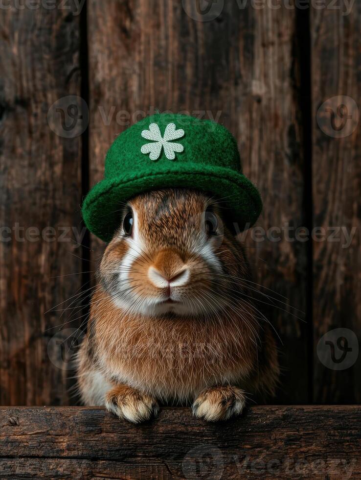 Adorable bunny rabbit wearing a green St Patricks Day hat photo