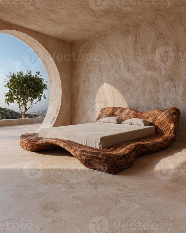 Luxury wooden bed in minimalist bedroom with ocean view photo