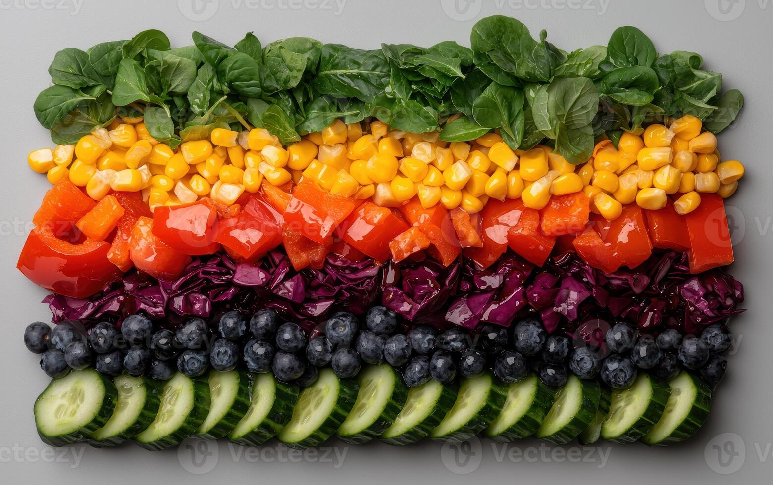 Rainbow vegetable salad with corn, red pepper, red cabbage, blueberries and cucumber photo