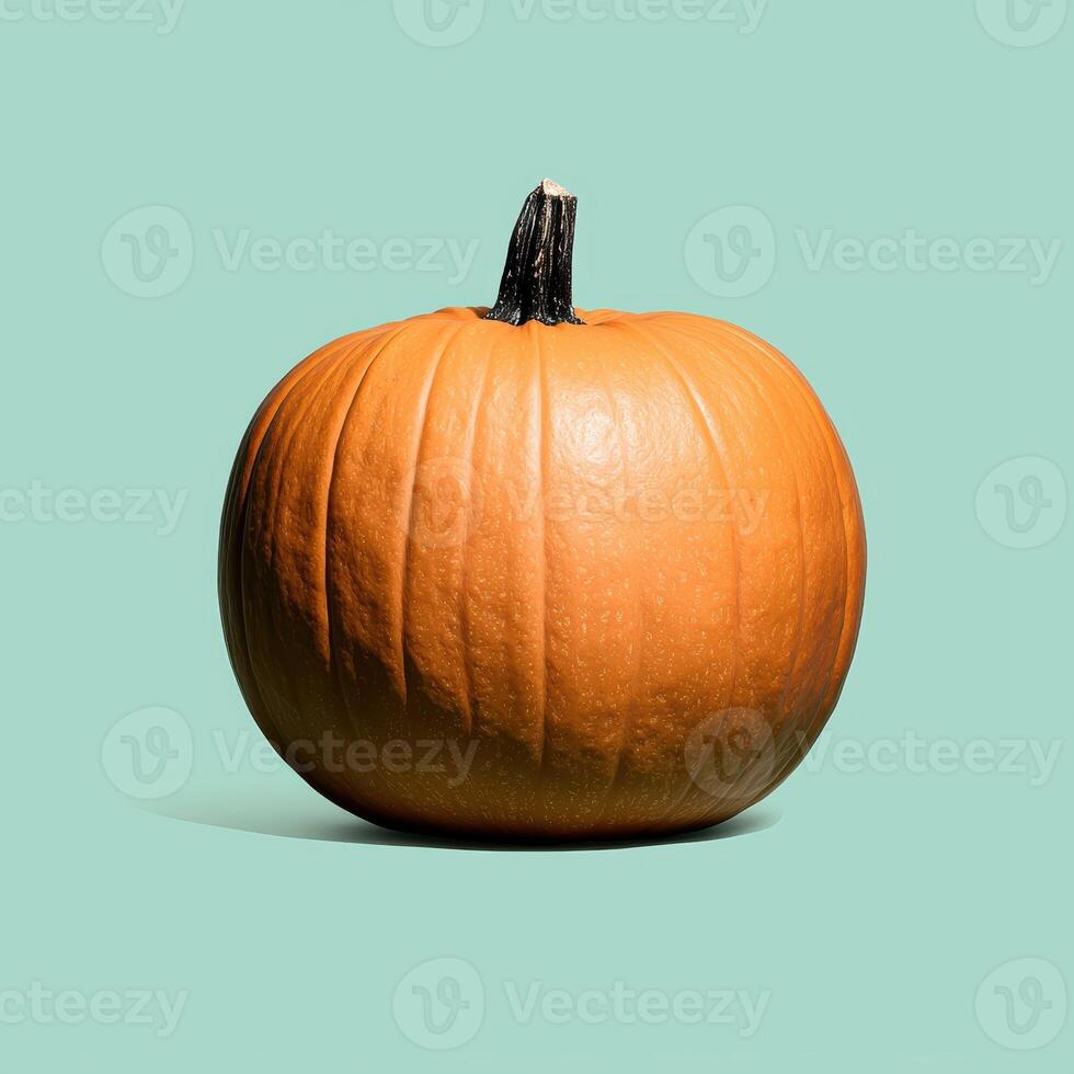 Single ripe orange pumpkin on a teal background photo
