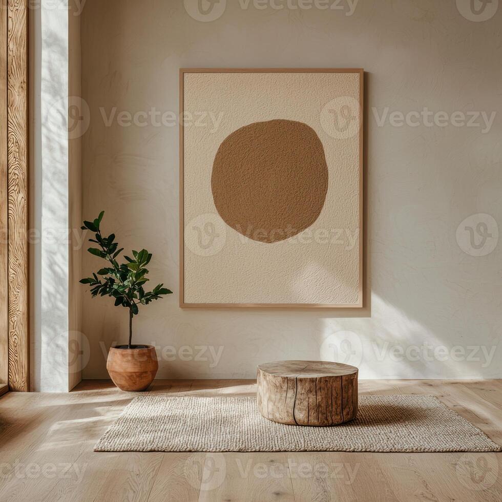 Minimalist interior design with beige walls, wooden floor, and a large abstract painting photo
