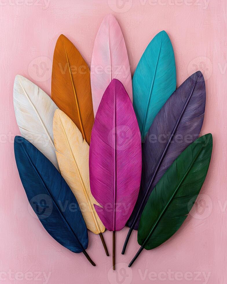 Colorful painted feathers arranged in a fan shape on a pink background photo