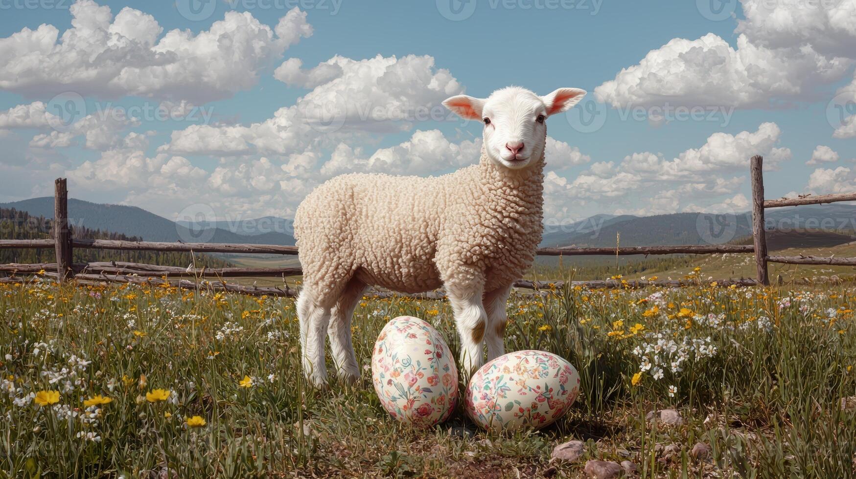 Cute lamb standing in a field of flowers with Easter eggs photo