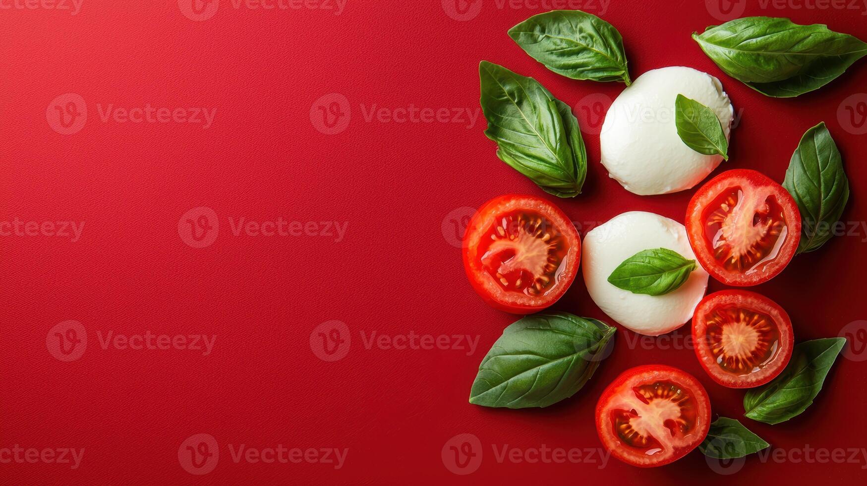 Fresh mozzarella, tomatoes, and basil on red background photo