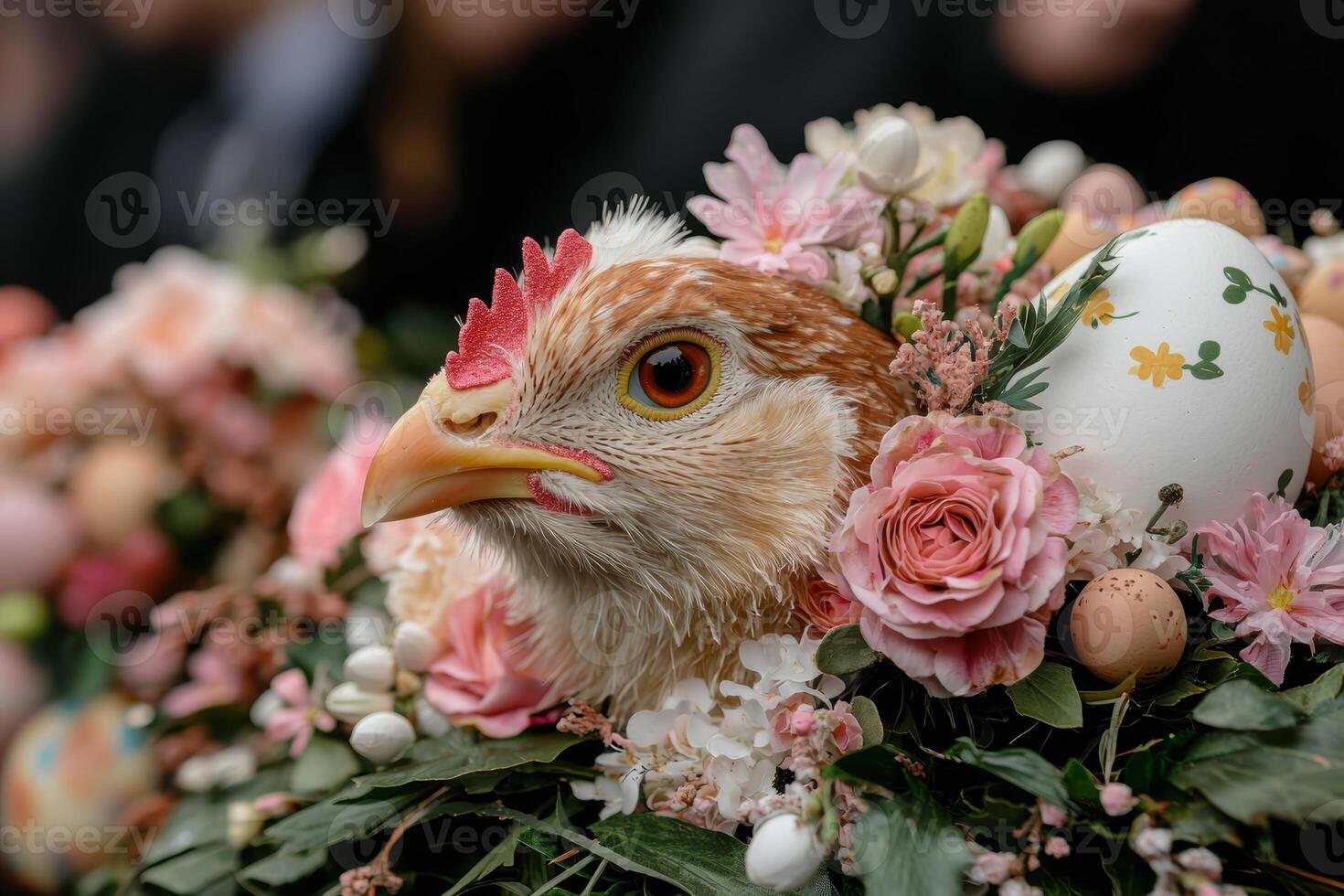Close up of a hen nestled in a spring floral arrangement with pastel colored eggs photo