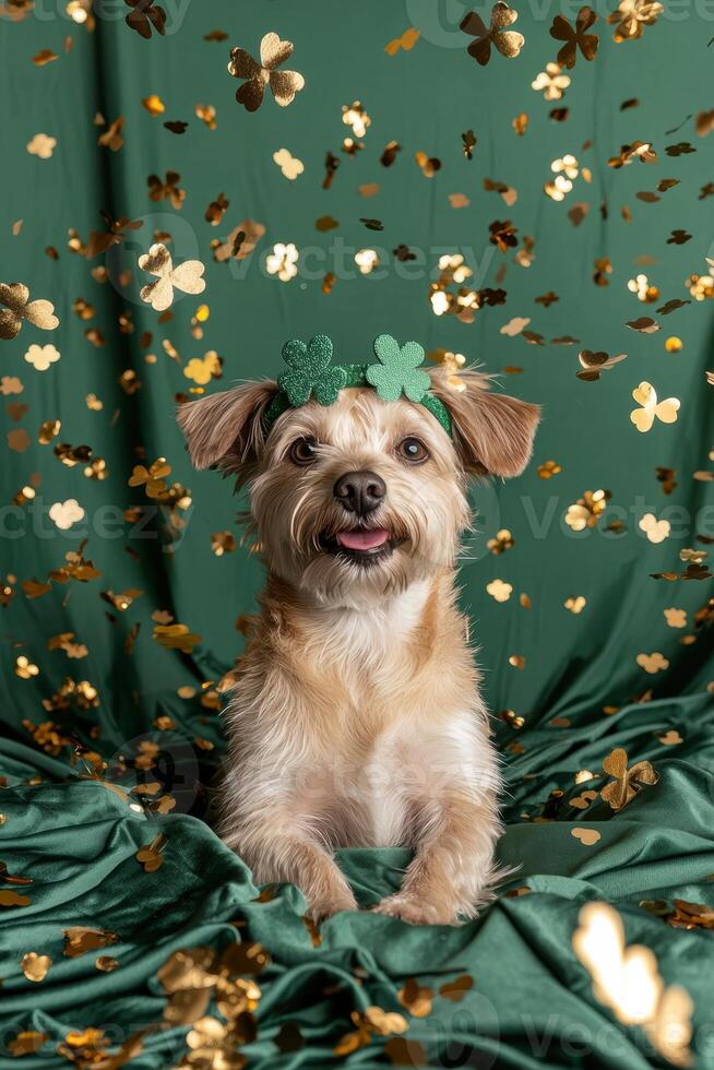 Adorable dog wearing shamrock headband, St Patricks Day pet photo