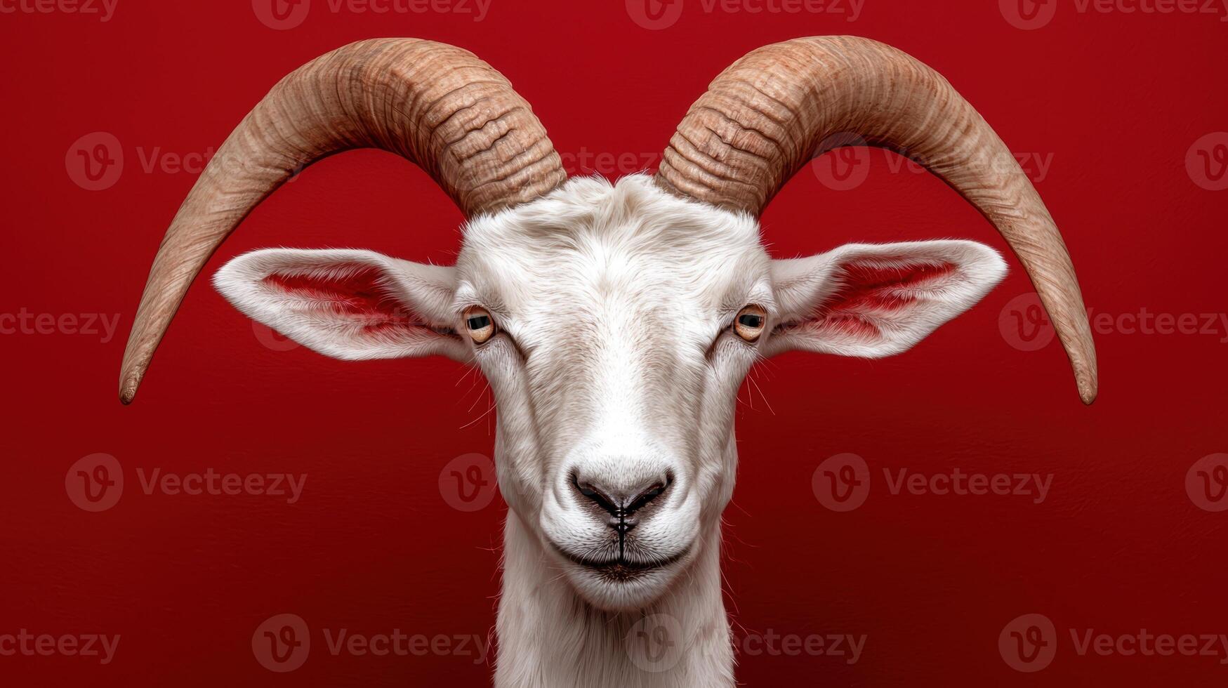 Close up portrait of a white goat with large horns against a red background photo