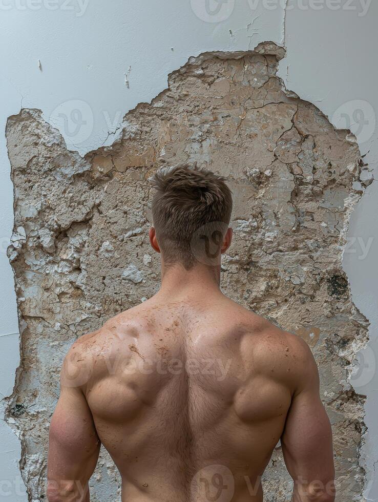 Muscular man with back to camera, standing in front of a damaged wall photo