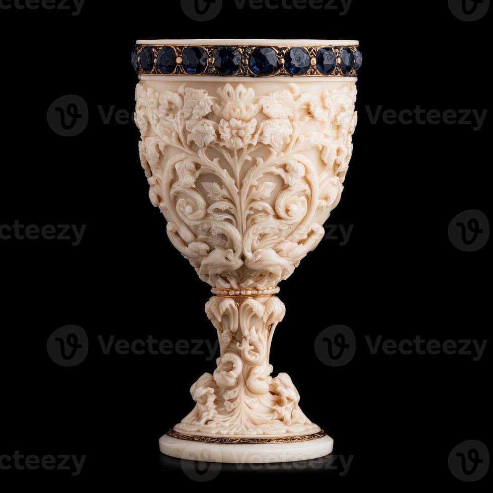 Ornate carved ivory goblet with blue gemstone accents photo