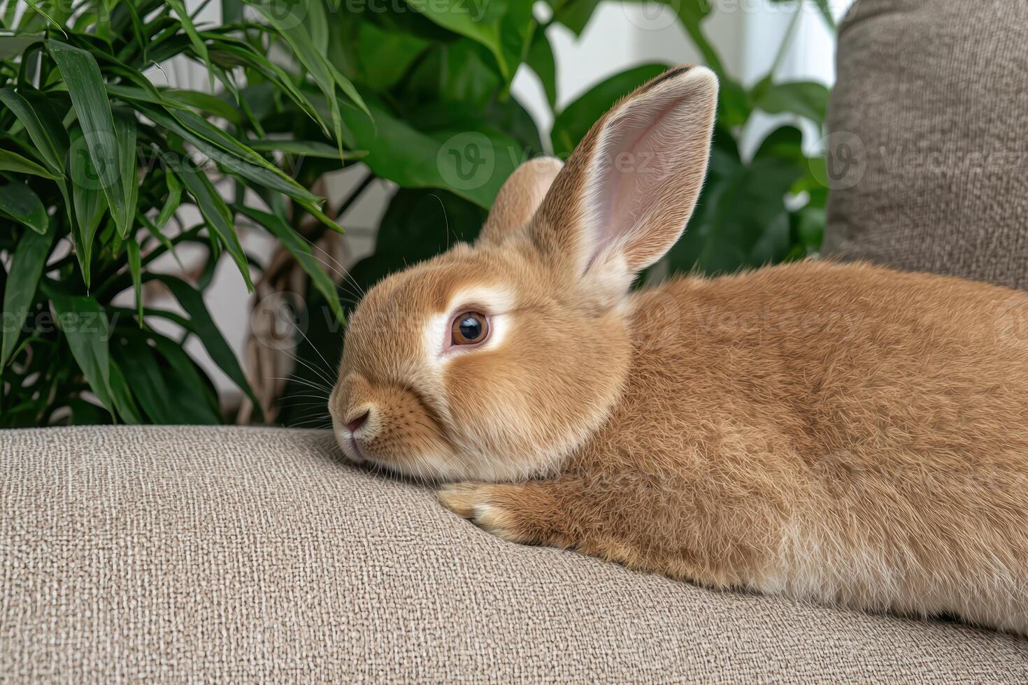 Adorable brown bunny rabbit resting on a couch photo