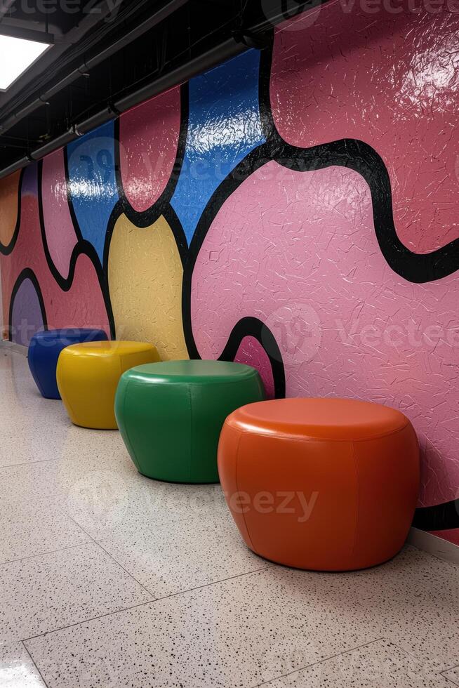Colorful leather poufs in a modern hallway with abstract wall art photo