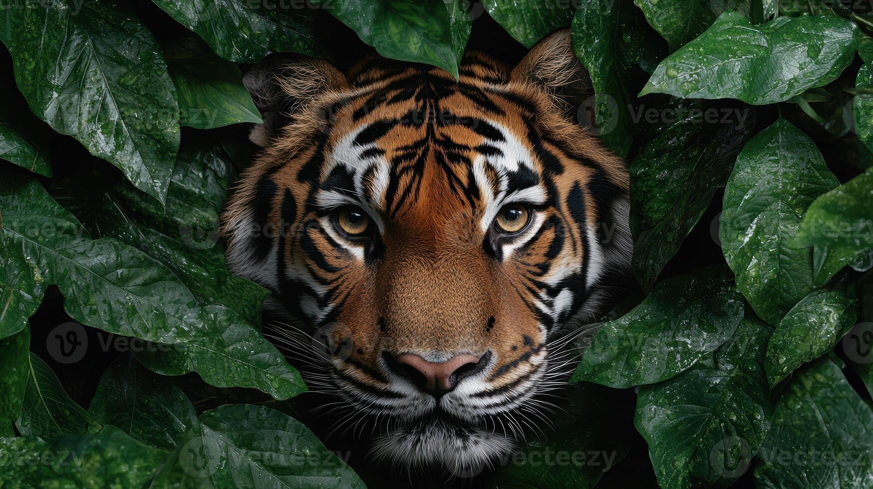 Closeup of a tigers face peering from behind lush green leaves photo