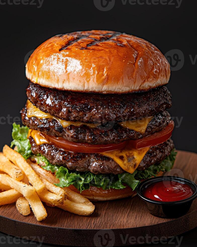Juicy double cheeseburger with french fries and ketchup photo