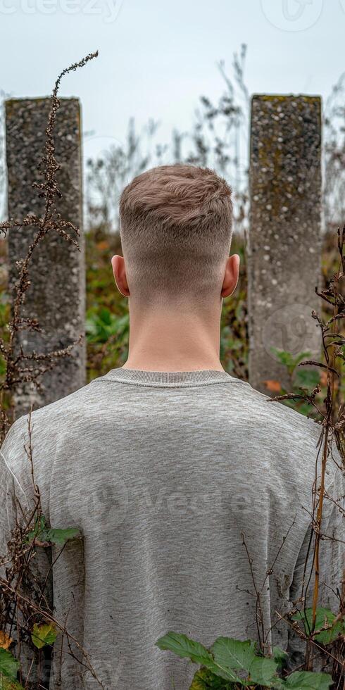 Man with short hair standing with his back to the camera photo