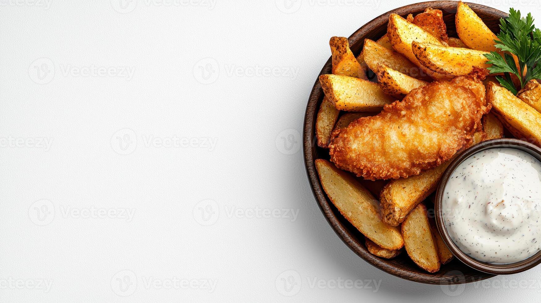 Close up of fish and chips with creamy sauce in wooden bowl photo