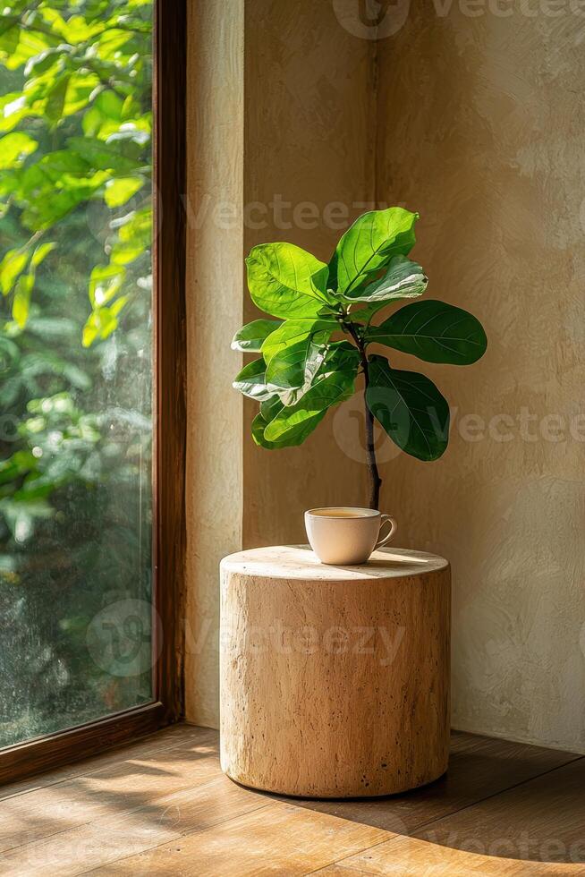 A cup of coffee sits on a wooden table next to a ficus plant in a sunlit room photo