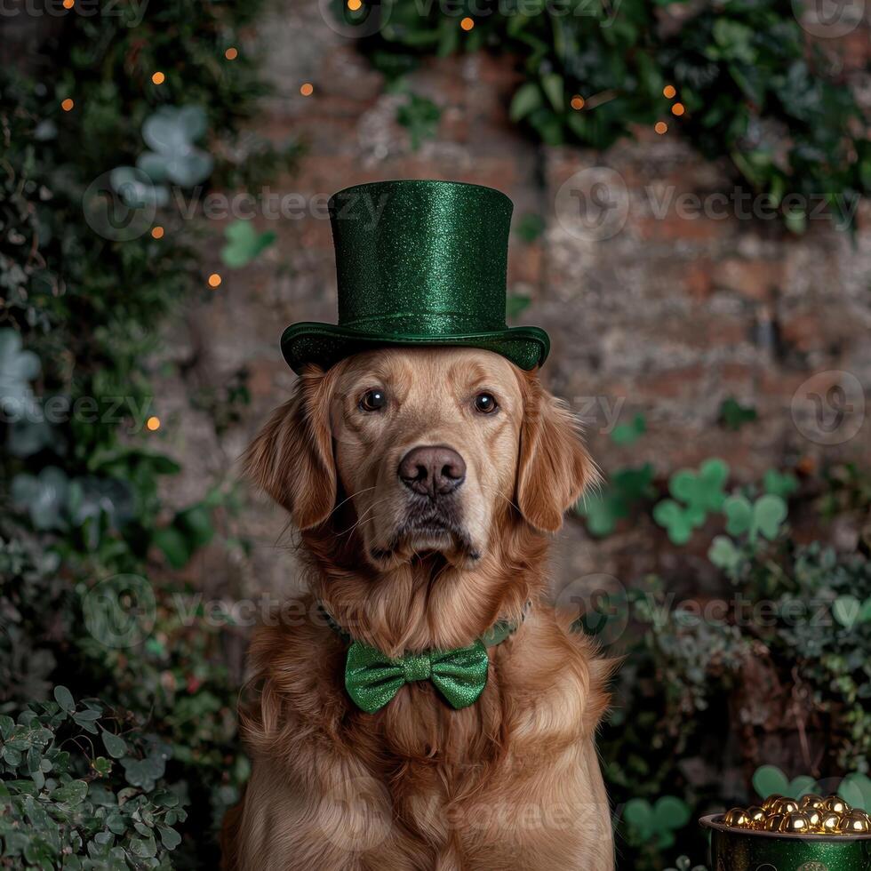 Golden Retriever in Green Top Hat and Bow Tie for St Patricks Day photo