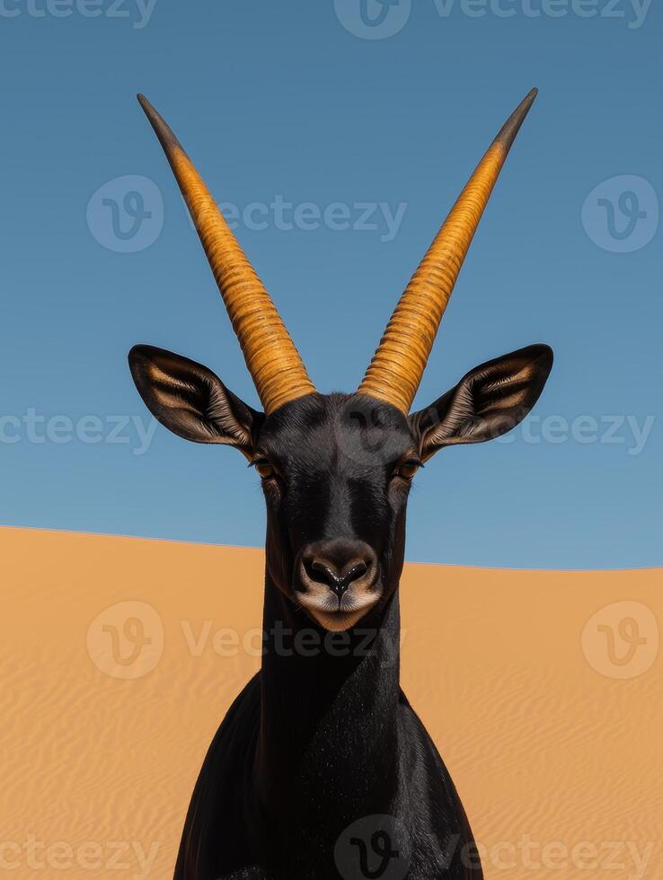 Close up portrait of a scimitar horned oryx in the desert photo