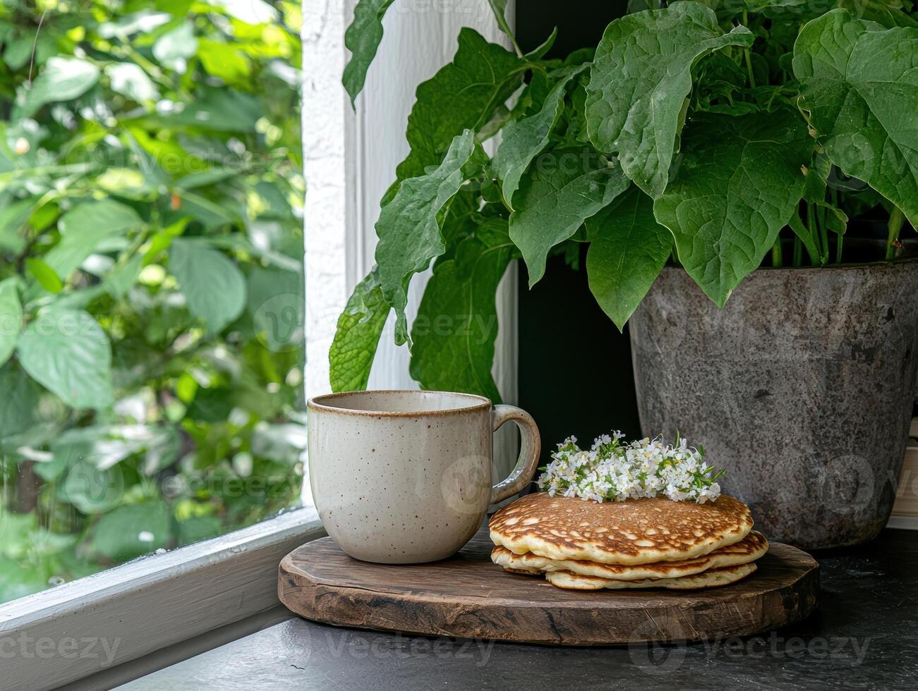 Stack of pancakes with flowers on a wooden board, next to a cup of coffee by a window photo