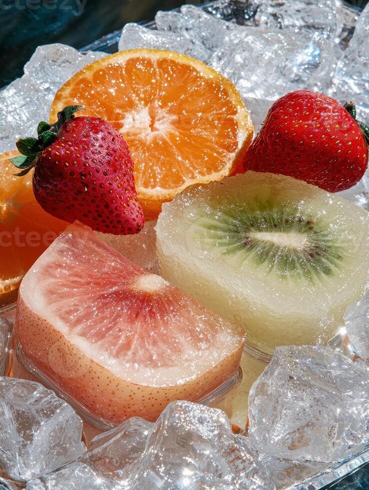 Close up of assorted fresh fruit on ice photo