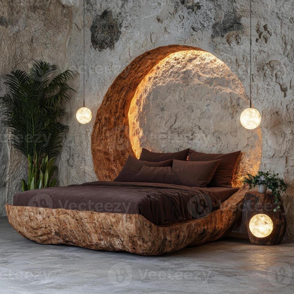 Unique wooden bed with moon lamps in a cave like bedroom photo