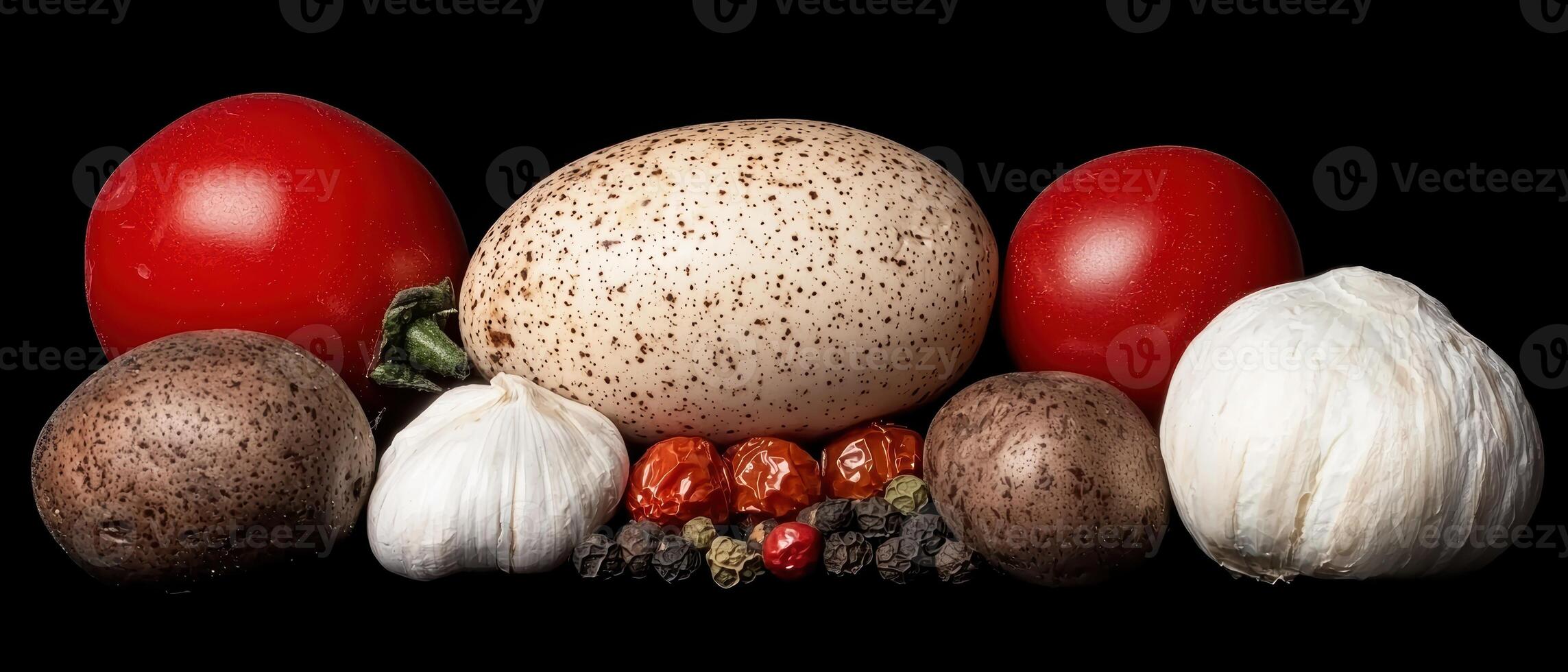 Close up of assorted vegetables and spices on a black background photo