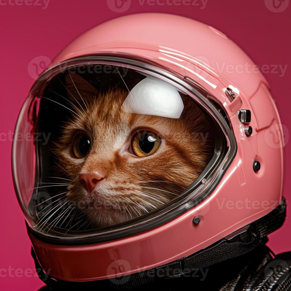 Ginger cat astronaut in pink helmet photo