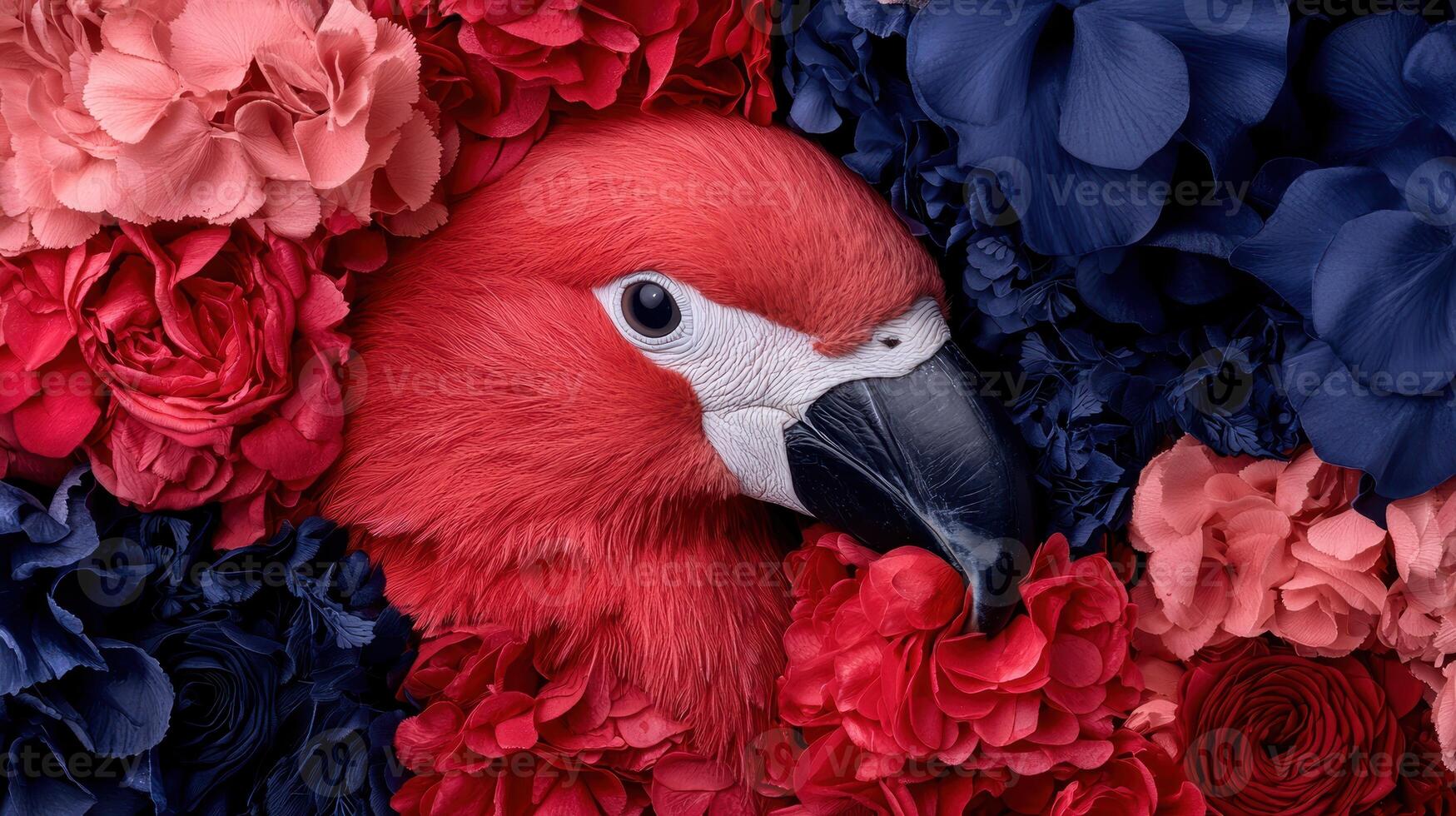 Red macaw parrot surrounded by vibrant flowers photo