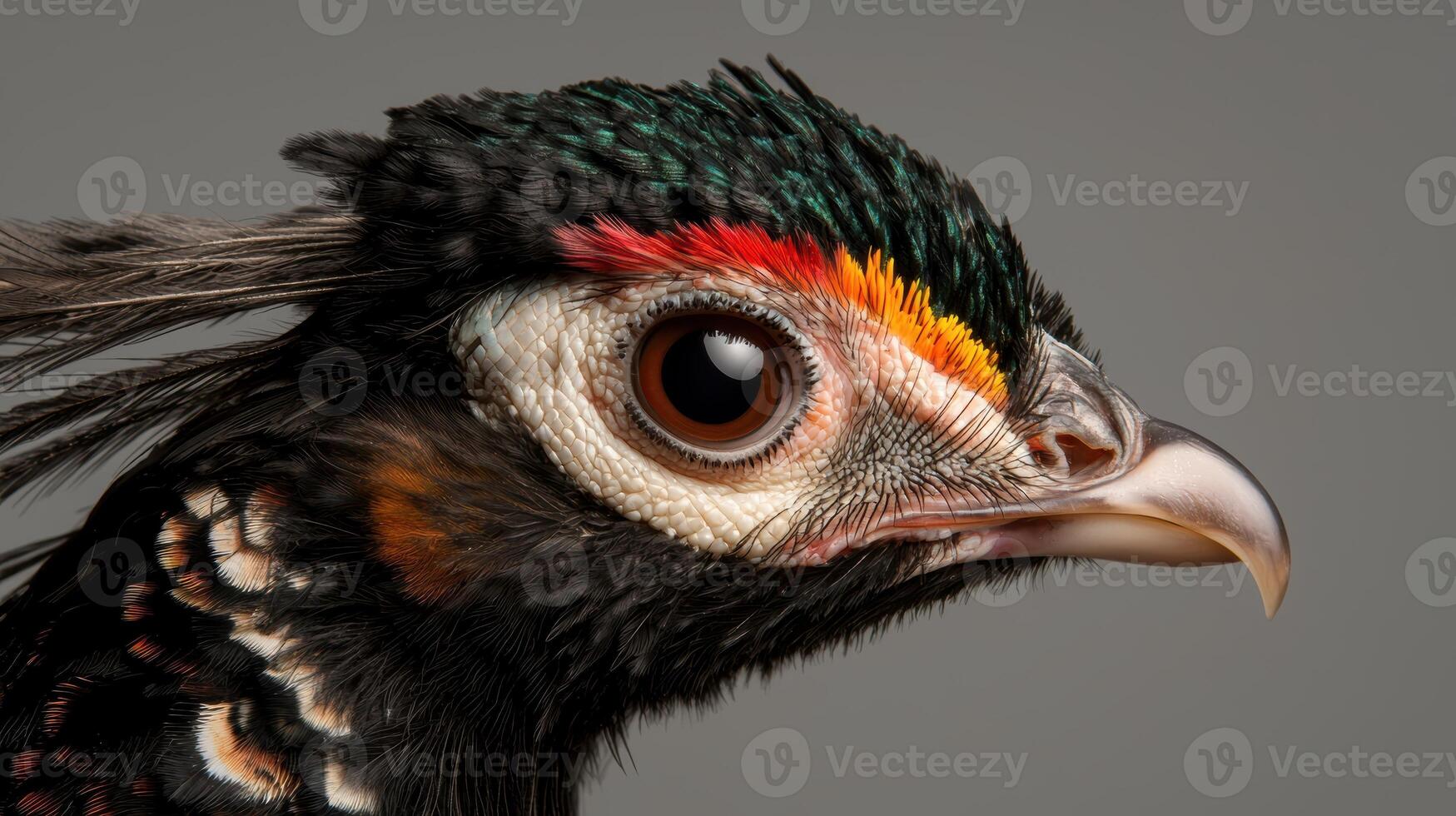 Close up profile of a colorful bird with intricate feathers photo