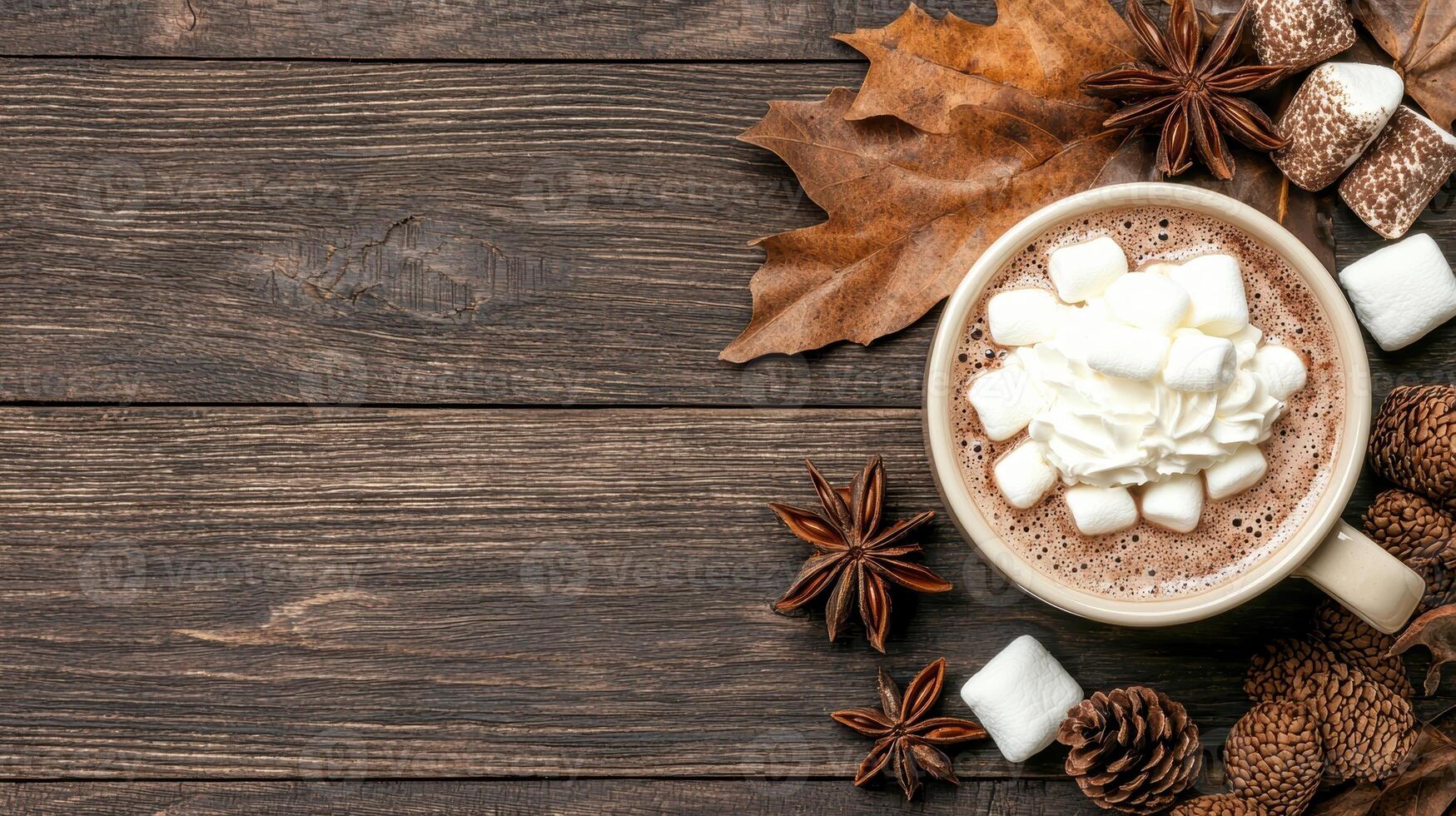 Cozy autumn scene with hot chocolate and marshmallows photo