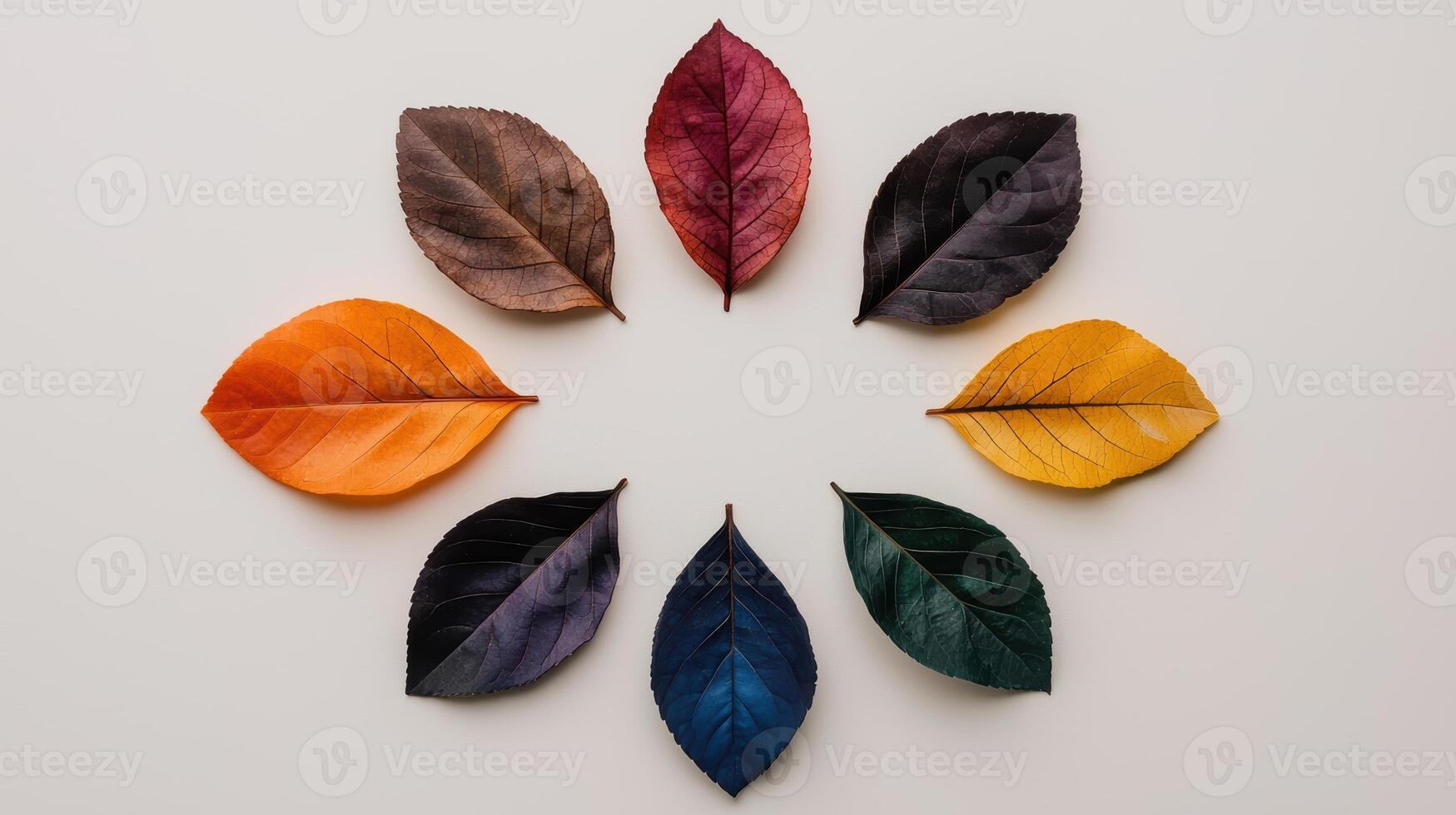Autumn leaves arranged in a circle on a white background photo