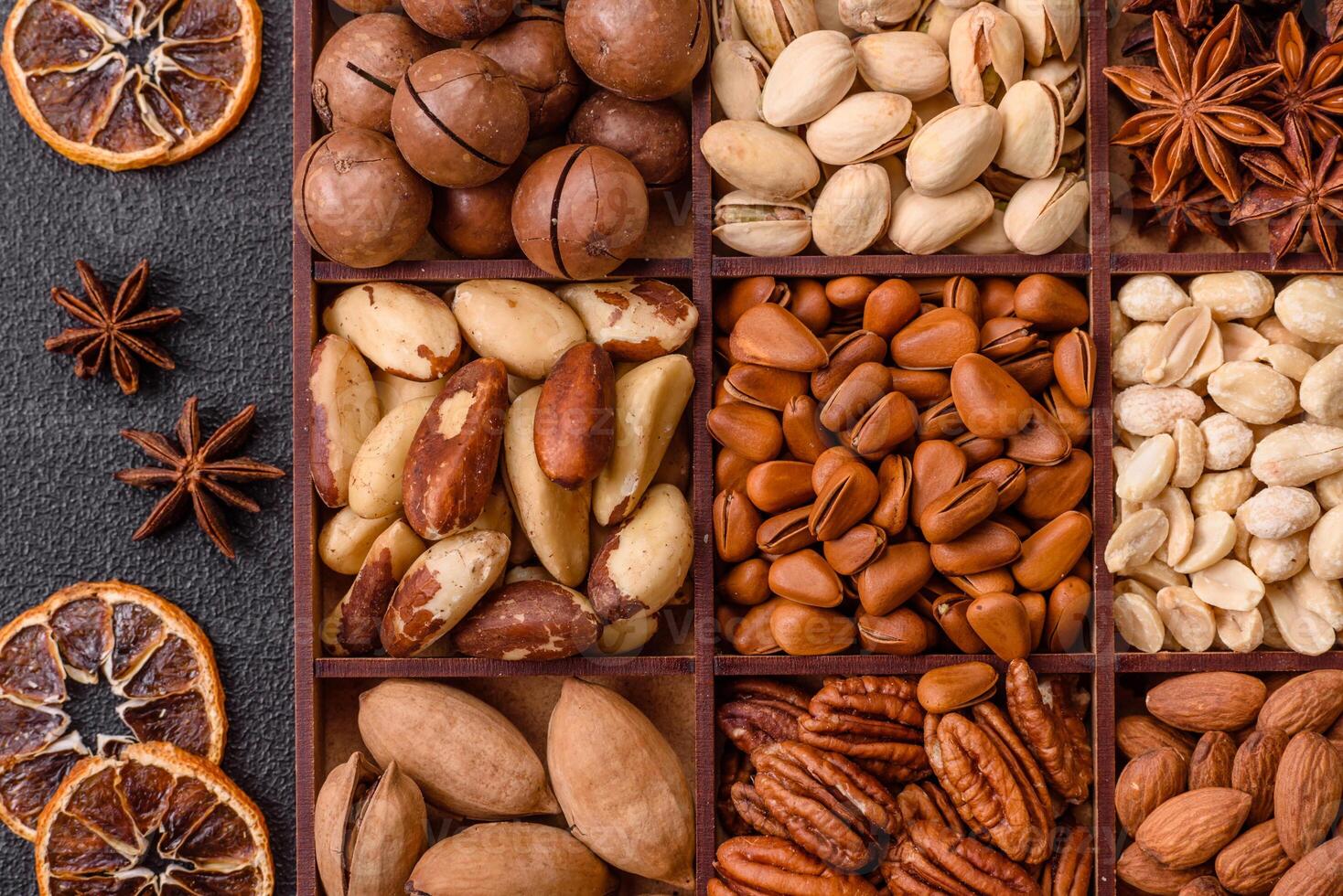 Box with various nuts cashew, macadamia, peanut, cedar, pecan, walnut, brazil, hazelnut photo